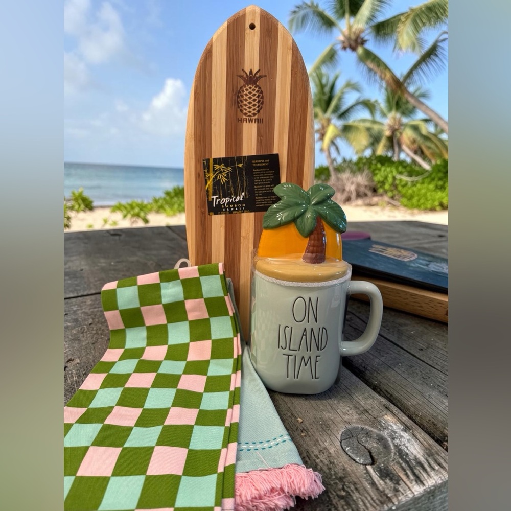 Rae Dunn 'On Island Time' Mug Bundle w/Bamboo Charcuterie Board and Towels NWT